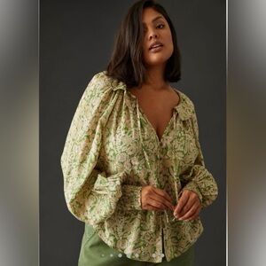 Anthropologie Ruffled Peasant Top in Green and Cream Floral Blouse Size XL